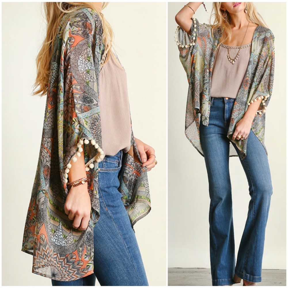 ❌SOLD❌ •Umgee M/L Sheer Kimono with PomPoms H8 - Picture 3 of 8